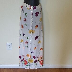 Floral Button-Down Maxi Skirt. Elastic Back